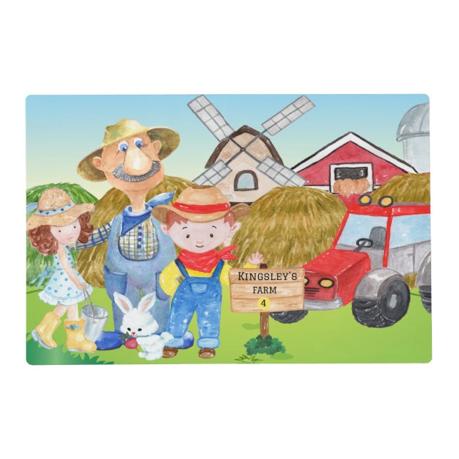Personalized Old MacDonald's Farm Blue Tractor Placemat (Front)