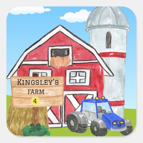 Personalized Old MacDonalds Farm Blue Tractor Square Sticker