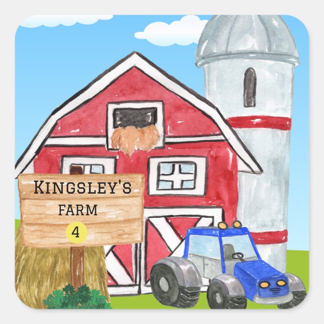 Personalized Old MacDonald's Farm Blue Tractor Square Sticker (Front)