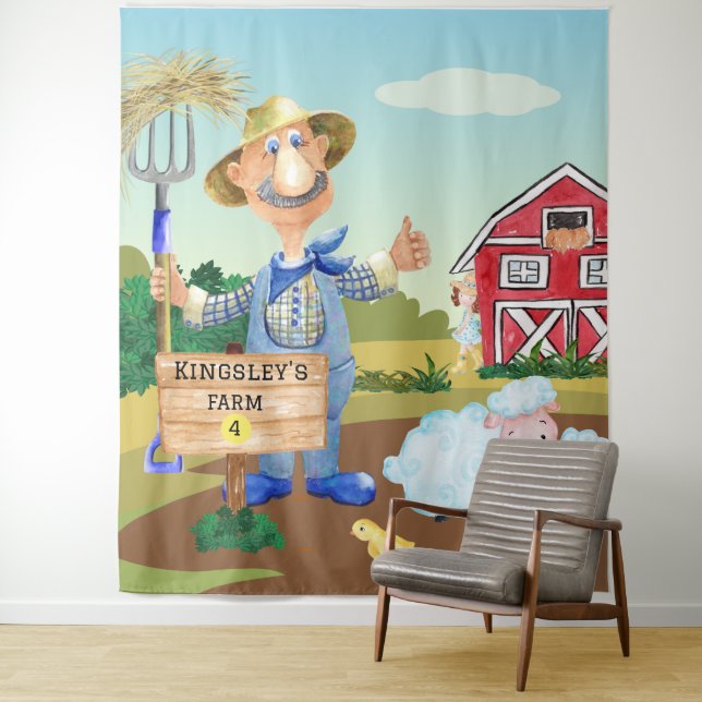 Personalized Old MacDonald's Farm Blue Tractor Tapestry (In Situ)