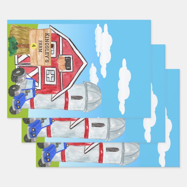 Personalized Old MacDonald's Farm Blue Tractor Wrapping Paper Sheets (Set)
