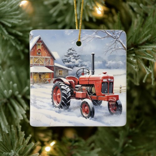 Personalized Old Red Tractor Winter Farm Christmas Ceramic Ornament