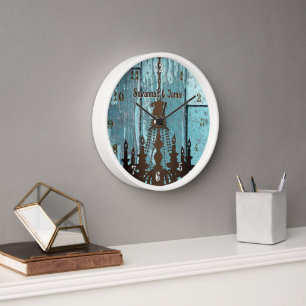 Personalized Old Rustic Aqua Wood Chandelier Wall Clock