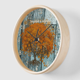 Personalized Old Rustic Aqua Wood Coral Tree Wall Clock
