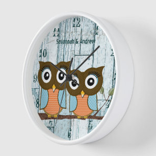Personalized Old Rustic Aqua Wood Love Bird Owls Clock