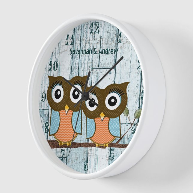 Personalized Old Rustic Aqua Wood Love Bird Owls Clock (Angle)