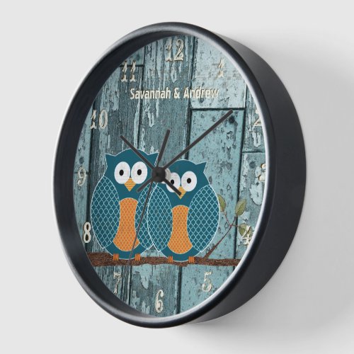 Personalized Old Rustic Aqua Wood Love Bird Owls Wall Clock