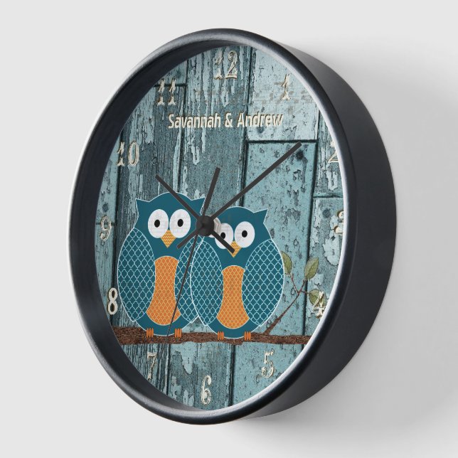 Personalized Old Rustic Aqua Wood Love Bird Owls Wall Clock (Angle)