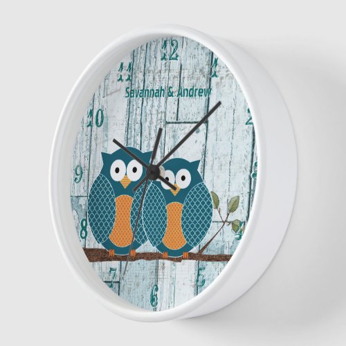 Personalized Old Rustic Aqua Wood Love Bird Owls Wall Clock