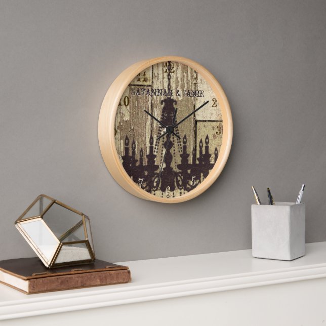 Personalized Old Rustic Wood Look Chandelier Wall Clock (Office)