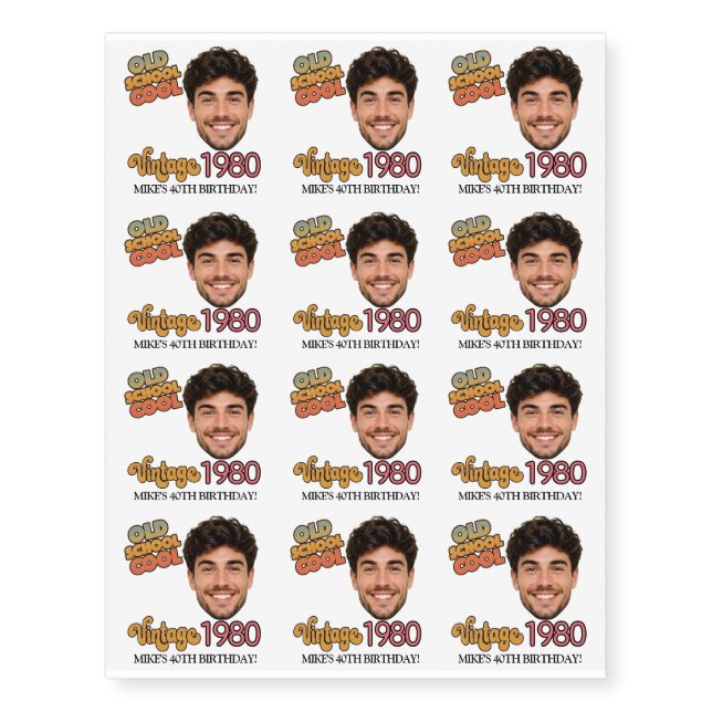 Personalized Old School Custom Face, Name & Age Temporary Tattoos (Front)