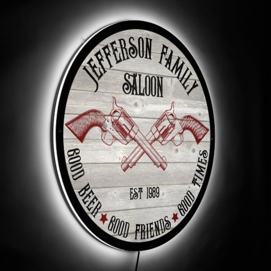 Personalized Old West Saloon Crossed Six Shooters LED Sign (Angle)