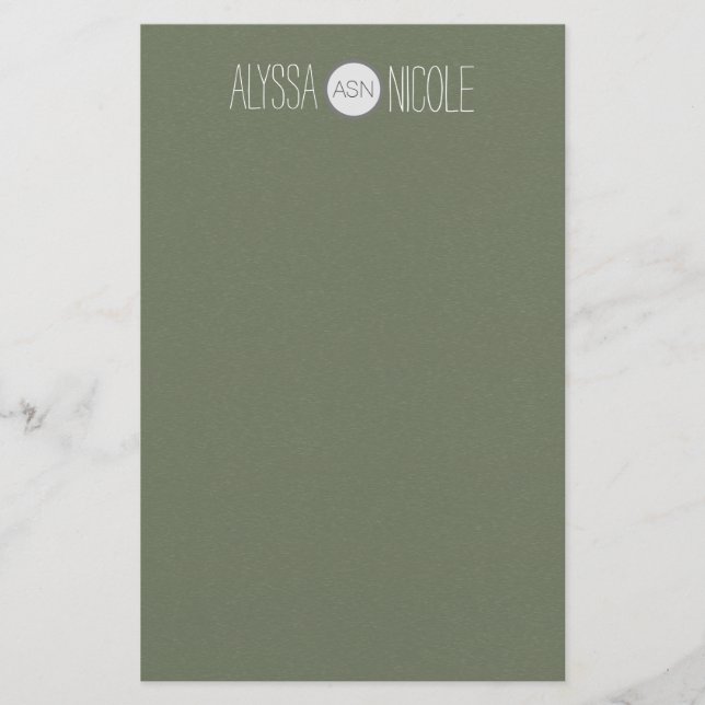 Personalized Olive Army Green Name Monogram Stationery (Front)