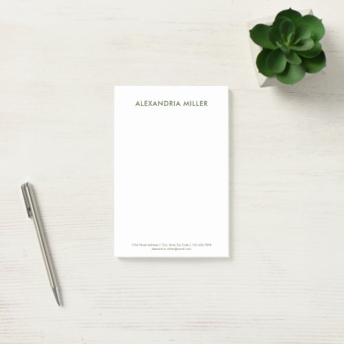 Personalized Olive Green and White Minimalist 4x6 Post_it Notes