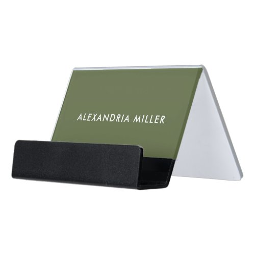 Personalized Olive Green and White Monogram Desk Business Card Holder