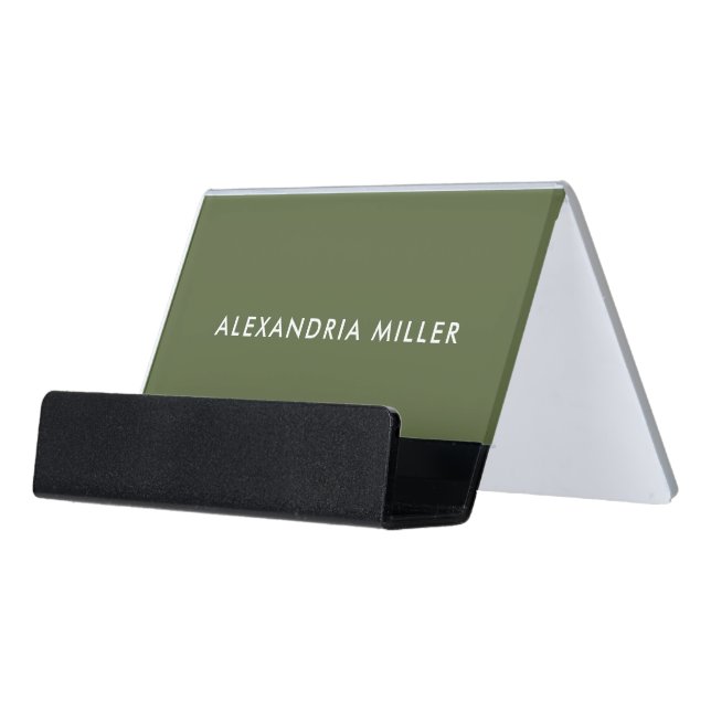 Personalized Olive Green and White Monogram Desk Business Card Holder (Angled Front)