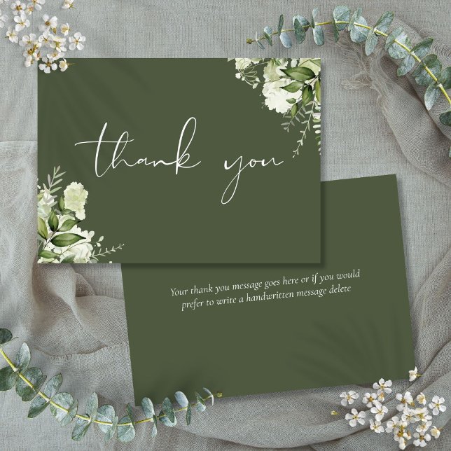 Personalized Olive Green Floral Elegant Script Thank You Card (Personalized Olive Green Floral Elegant Script Thank You Card)