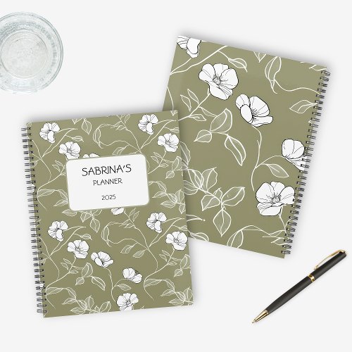 Personalized Olive Green Floral Minimalist Undated Planner