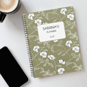 Personalized Olive Green Floral Minimalist Undated Planner