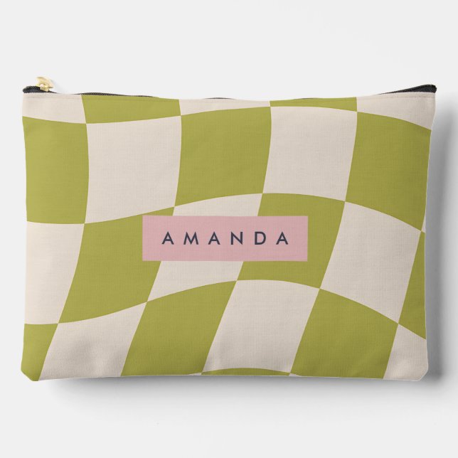 Personalized Olive Green Retro Checkered Wave Accessory Pouch (Front)