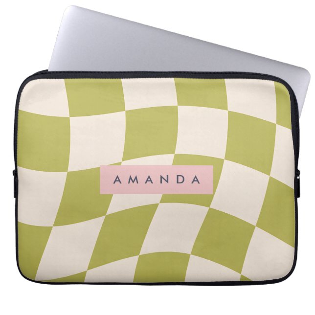 Personalized Olive Green Retro Checkered Wave Laptop Sleeve (Front)