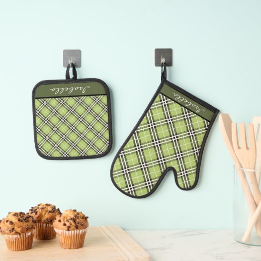 Personalized Olive Green White Black Plaid Pattern