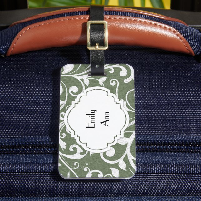 Personalized Olive Green White Flourish Luggage Tag (Front Insitu 2)