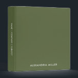 Personalized Olive Monogram 3 Ring Binder<br><div class="desc">Keep your notes, documents, and paperwork organized with this stylish personalized olive green 3 ring binder featuring a minimalist monogram design. The lower third of the front cover features your name in a stylish white font, while the rest of the cover has a matching olive green background. The spine is...</div>