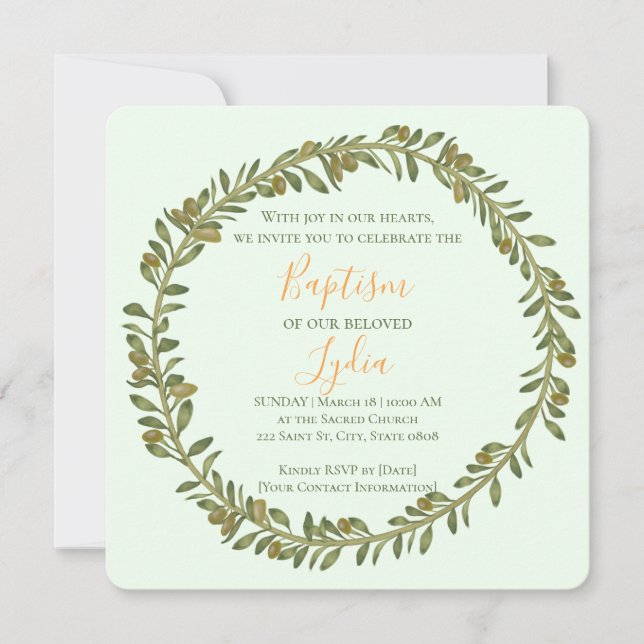 Personalized Olive Wreath Baptism Invitation (Front)
