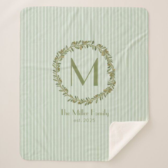 Personalized Olive Wreath Monogram  Sherpa Blanket (Front)