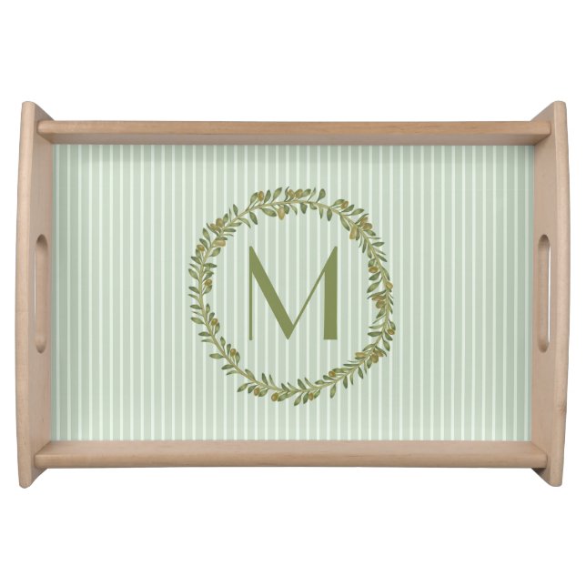 Personalized Olive Wreath Monogram Wooden  Serving Tray (Front)