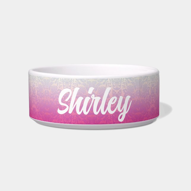 Personalized Ombre Damask Pet Name Bowl (Front)