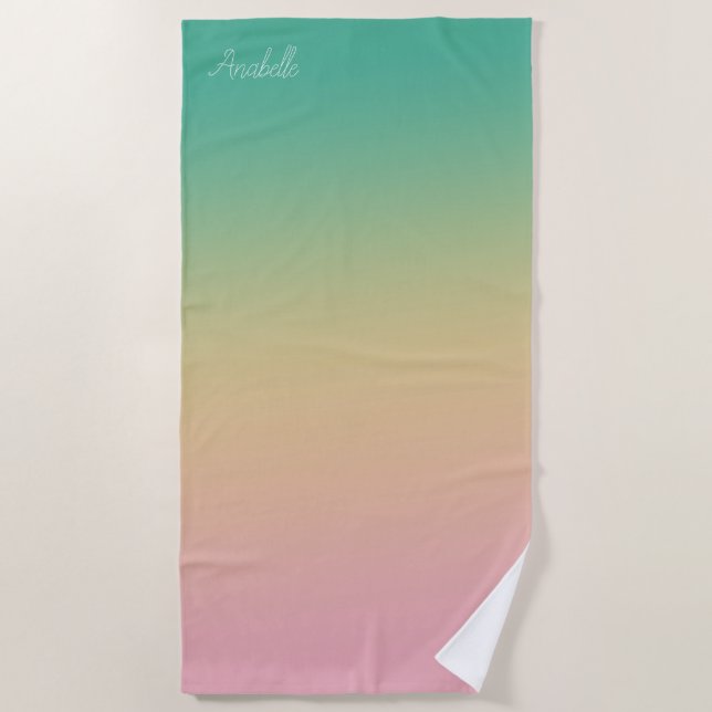 Personalized Ombre Gradient Teal Peach Pink Beach Towel (Front)