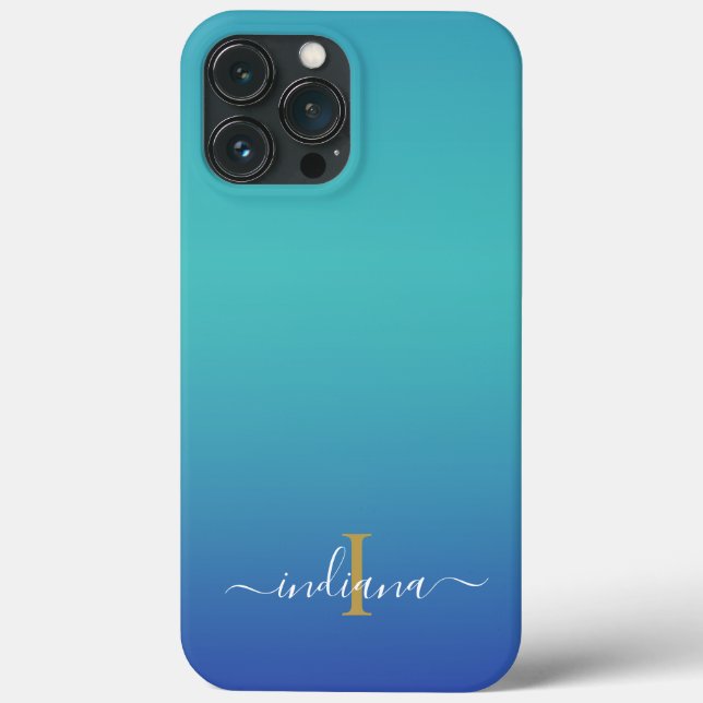 Personalized Ombre Monogram Blue Turquoise Script Case-Mate iPhone Case (Back)