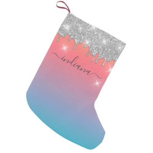 Personalized Ombre Monogram Silver Glitter Holiday Small Christmas Stocking