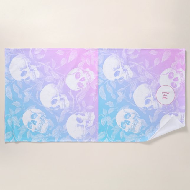 Personalized ombre pastel Goth Skulls  Beach Towel (Front)