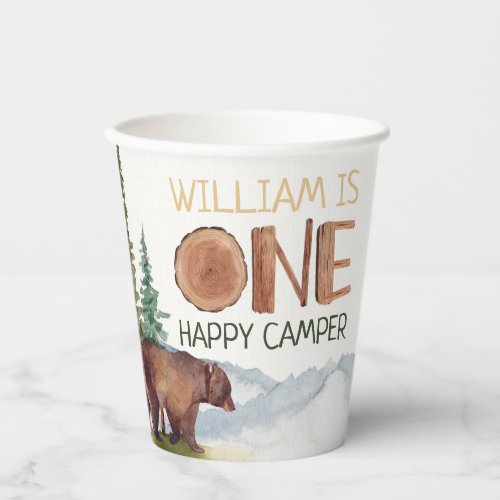 Personalized One Happy Camper Woodland Bear Paper Cups