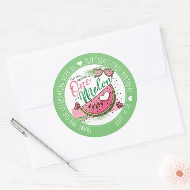 Personalized One In A Melon Birthday Party Classic Round Sticker (Envelope)