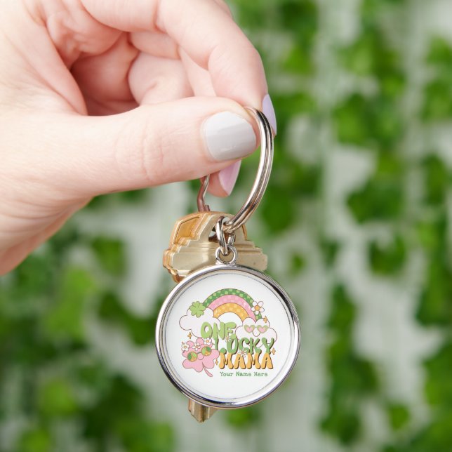 Personalized One Lucky Mama Groovy Rainbow Keychain (Hand)