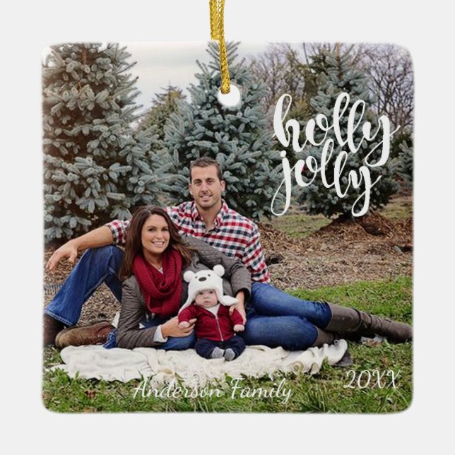 Personalized One Photo Holly Jolly Ornament (Front)