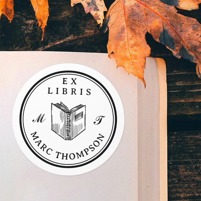 Personalized Open Book Classic Monogram Library Round Sticker (Creator Uploaded)