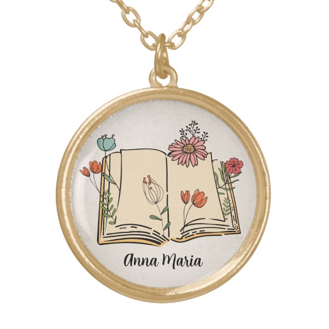 Personalized open book floral botanical sweet gold plated necklace (Front)