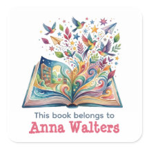 Personalized Open Book with Birds Bookplate Sticke