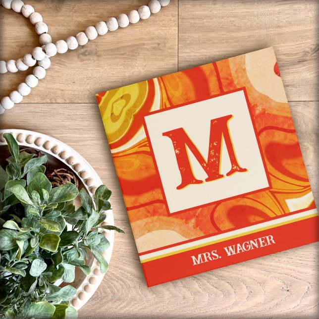 Personalized Orange Abstract Name Initial Teacher  3 Ring Binder (Creator Uploaded)