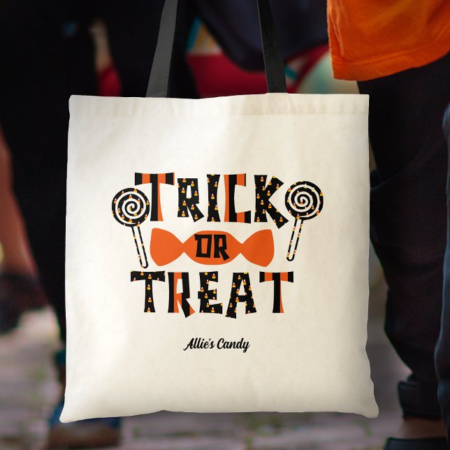 Personalized Orange and Black Trick or Treat Candy Tote Bag (Creator Uploaded)