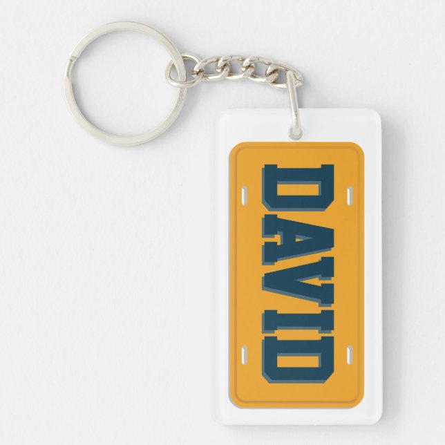 Personalized Orange and Blue License Plate Keychain (Front)