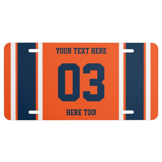 Personalized Orange and Blue Sports Stripes License Plate (Front)