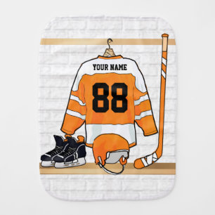 Personalized Orange and White Ice Hockey Jersey Baby Burp Cloth