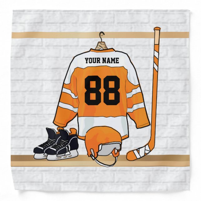 Personalized Orange and White Ice Hockey Jersey Bandana (Front)