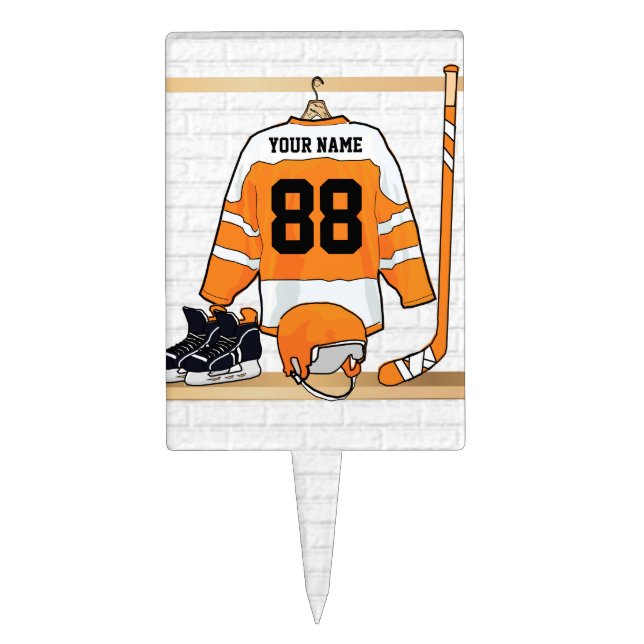 Personalized Orange and White Ice Hockey Jersey Cake Topper (Front)